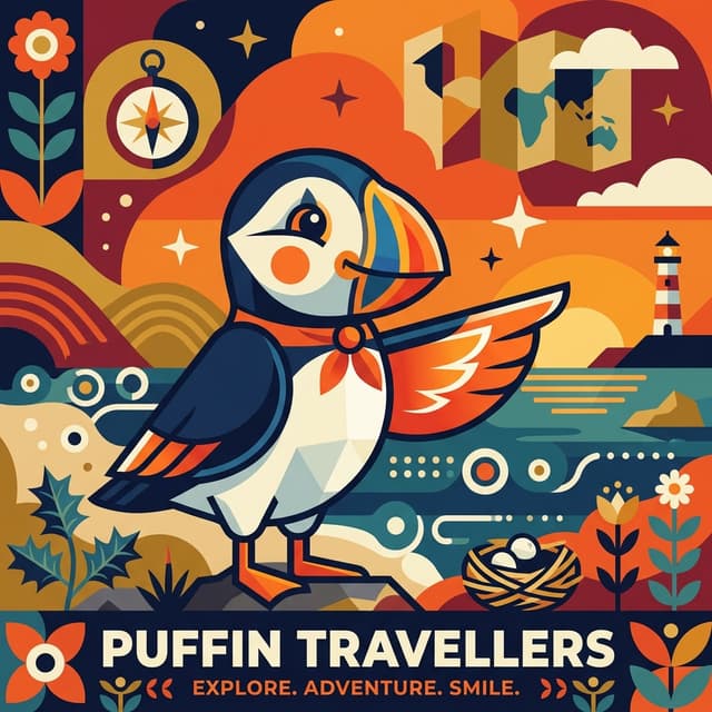 Friendly HolidayPuffin character pointing excitedly